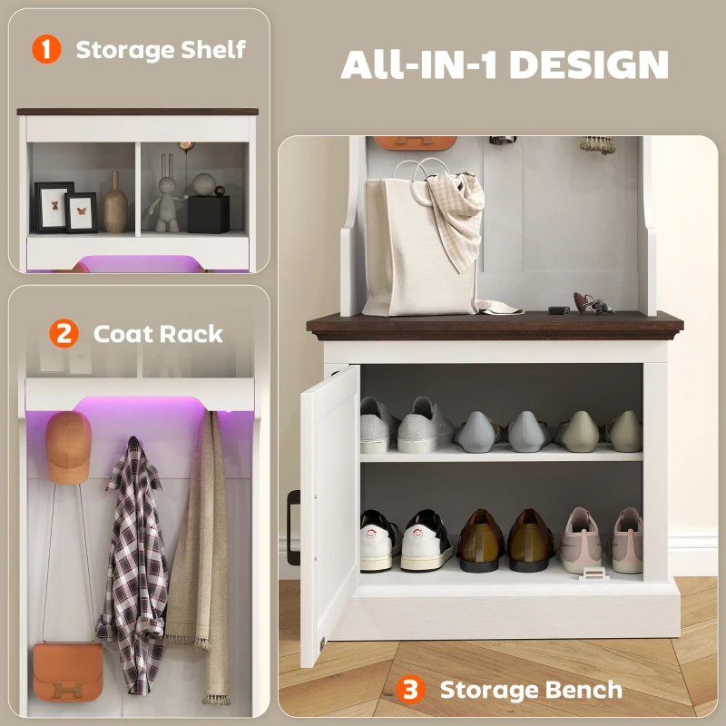 HOMCOM 3-in-1 Hall Tree with LED Lights and Bench, Coat Rack with Shoe Storage, White Wood Grain with Light