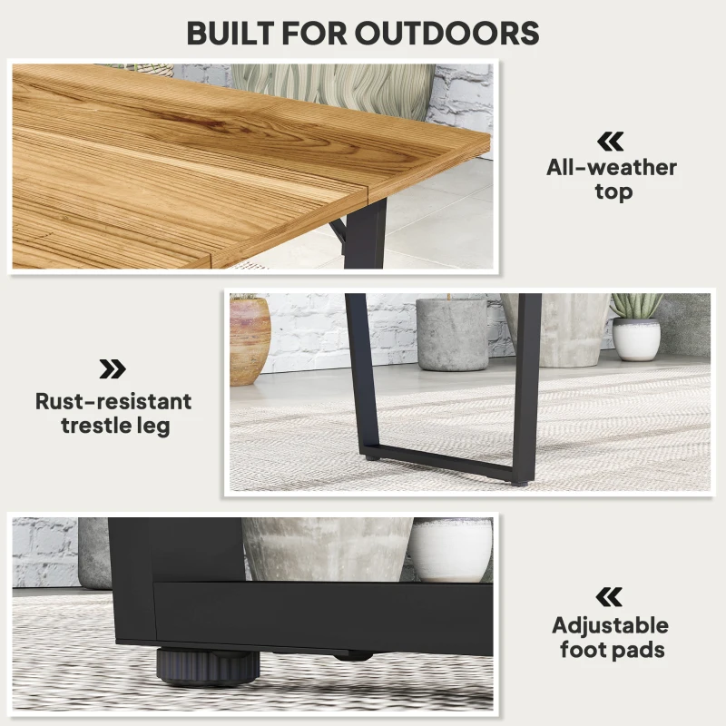 Outsunny Wooden Outdoor Dining Table for 6 with 2" Umbrella Hole, Slatted Tabletop, Metal Frame, for Yard, Deck, Lawn