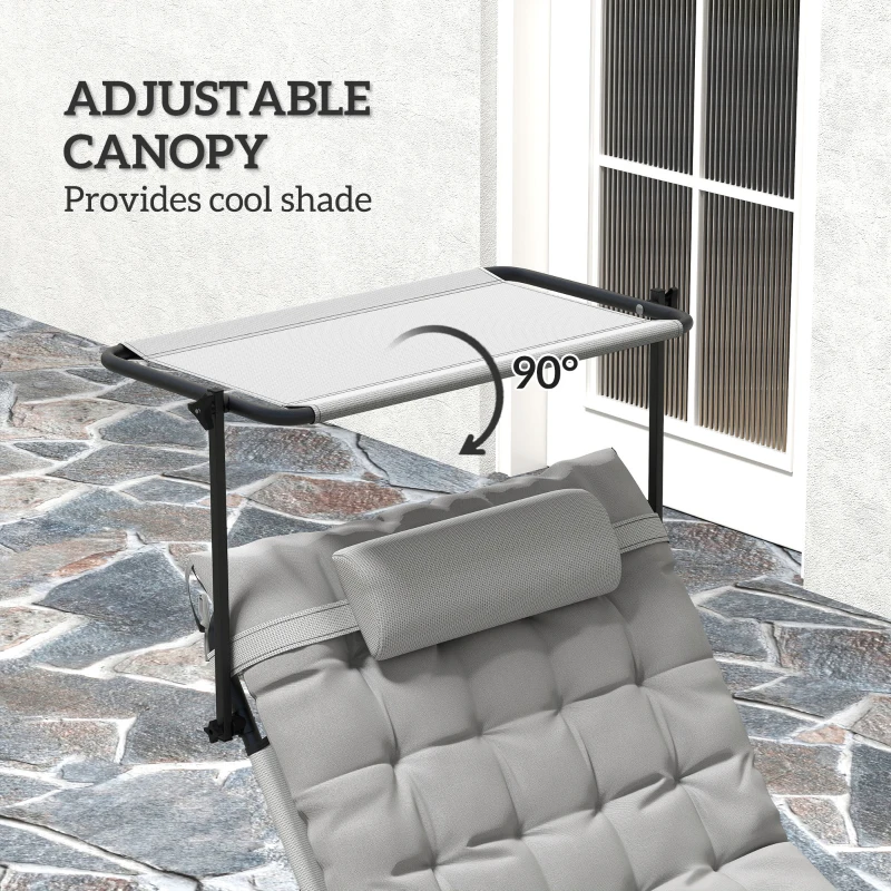 Outsunny Folding Lounge Chair with Adjustable Canopy, 4-Position Outdoor Tanning Chair with Headrest, Light Grey