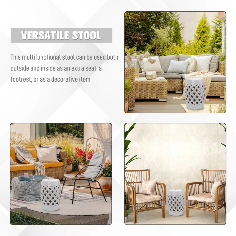 Outsunny 18" Ceramic Garden Stool with Woven Lattice Design, Indoor & Outdoor Decorative Accent Stool, White