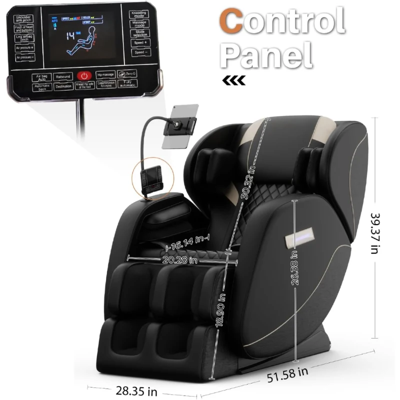 Zero Gravity Massage Recliner with Heating Functions, Full Body Air Pressure, Bluetooth Audio, Adjustable Footrest, 51.5" L x 28" W x 39" H, Black