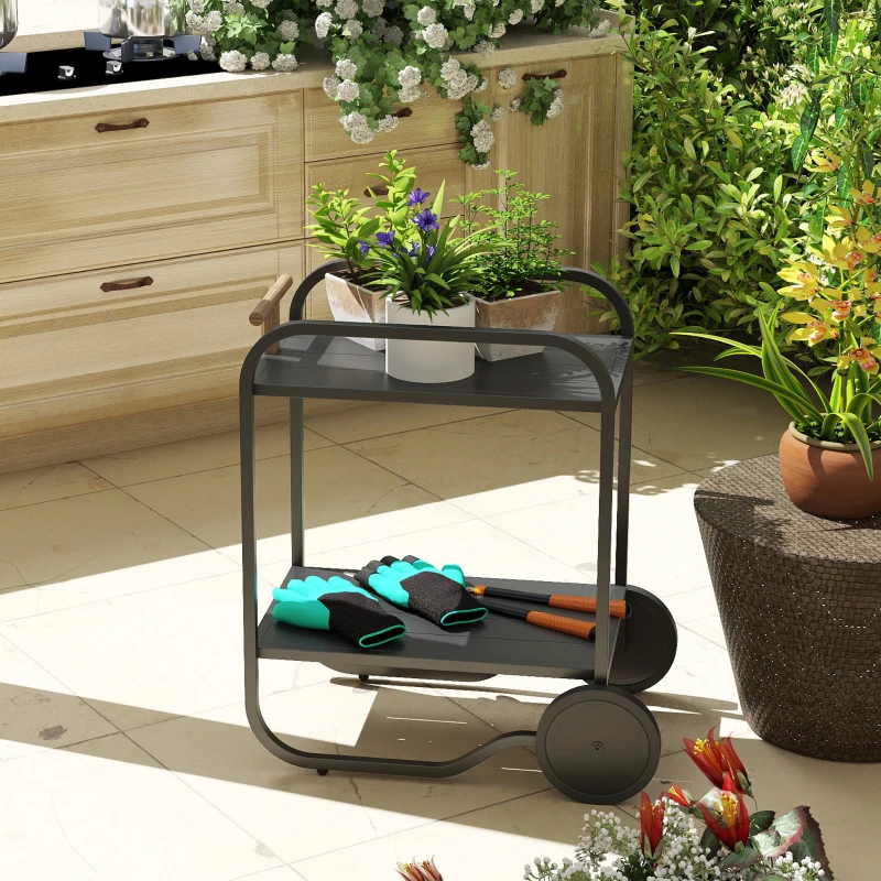 Outsunny Outdoor Grill Cart with Storage, 2-Tier Bar Cart on Wheels with Side Handle, Steel Frame for Indoor Outdoor, Black