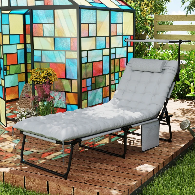 Outsunny Folding Lounge Chair with Adjustable Canopy, 4-Position Outdoor Tanning Chair with Headrest, Light Grey