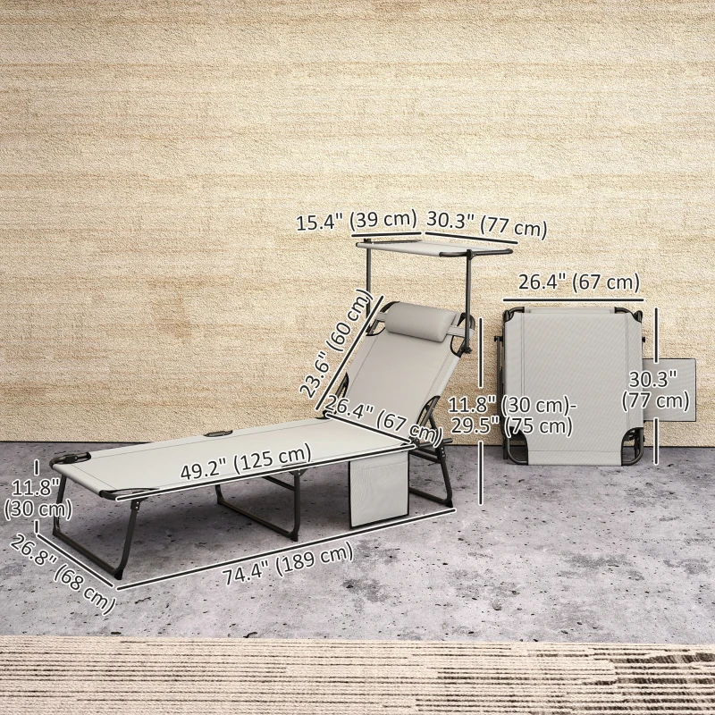 Outsunny Folding Lounge Chair with Adjustable Canopy, 4-Position Outdoor Tanning Chair with Headrest, Light Grey