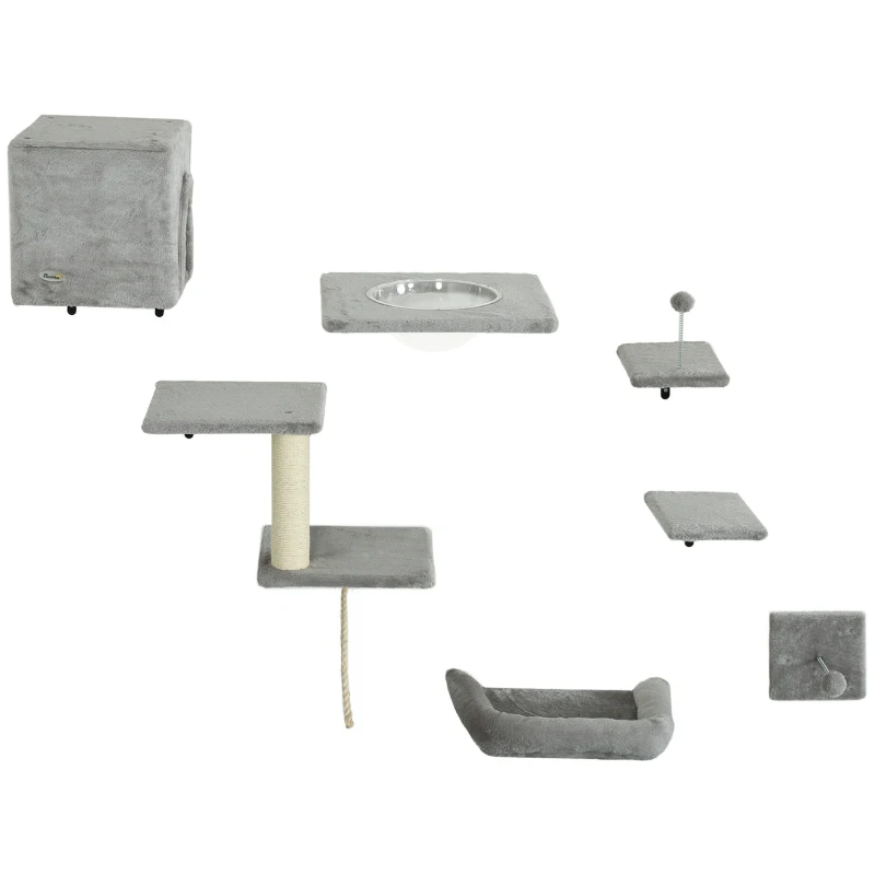 PawHut Cat Wall Shelves Set of 7, Shelves and Perches with House, Sisal Post Ladder, Bed & Ball, Grey