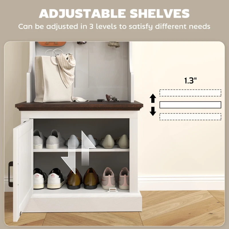 HOMCOM 3-in-1 Hall Tree with LED Lights and Bench, Coat Rack with Shoe Storage, White Wood Grain with Light