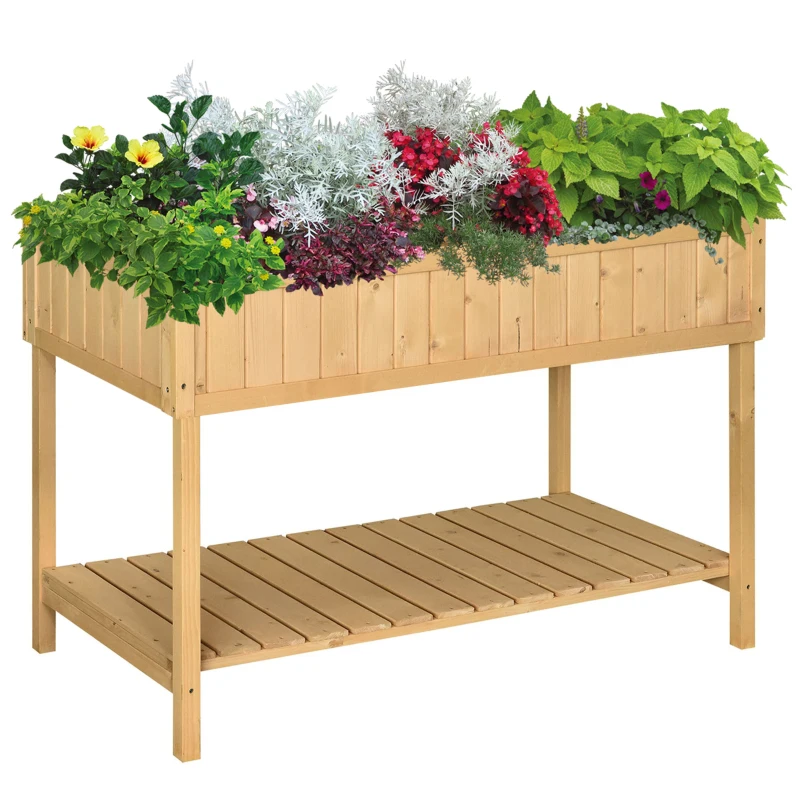 Outsunny 43.25" x 18" x 30" Raised Garden Bed, Wooden Plant Stand with 8 Grid Box, Storage Shelf for Outdoor, Natural Wood Colour