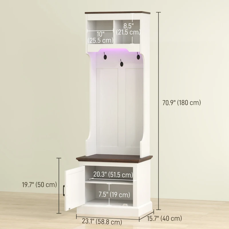 HOMCOM 3-in-1 Hall Tree with LED Lights and Bench, Coat Rack with Shoe Storage, White Wood Grain with Light