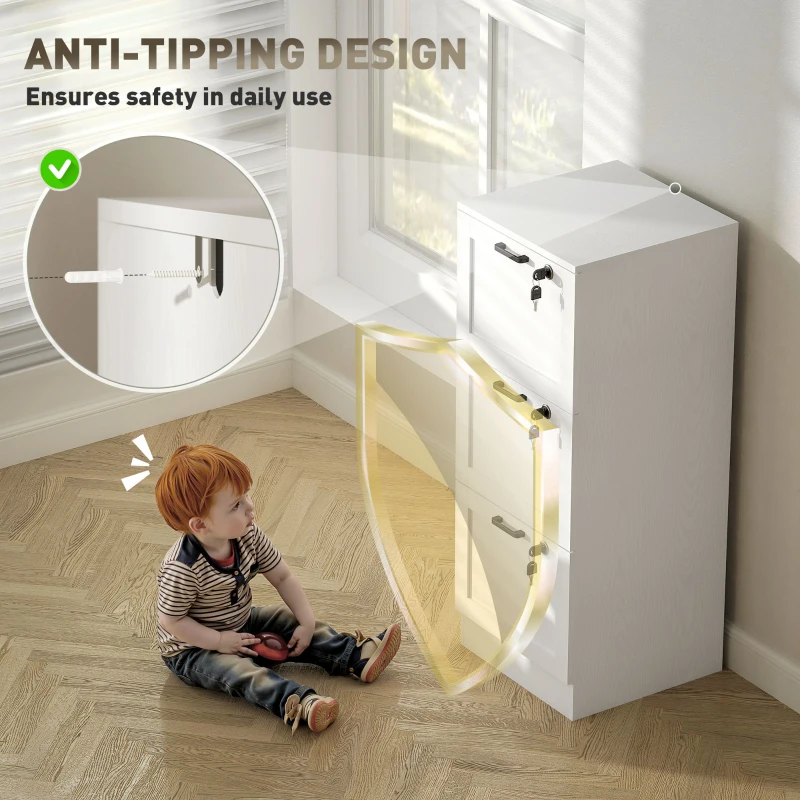 HOMCOM Vertical Filing Cabinet with 3 Drawers, Lock, File Cabinet for Home Office, A4 and Letter Size Files, White