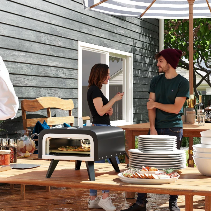 Outsunny Outdoor Tabletop Gas Pizza Oven with 12" Stone and Peel, Portable Pizza Oven Maker with Thermometer, Foldable Legs, Handle, Gas Hose and Regulator, Black