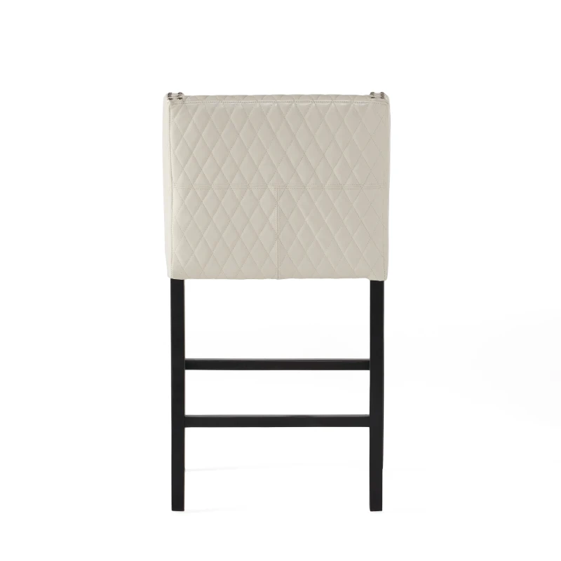 Elegant Barstool with Quilted Bonded Leather, Sturdy Wooden Legs, Curved Armrests, No Assembly Required, 21" L x 22" W x 38.5" H, Ivory