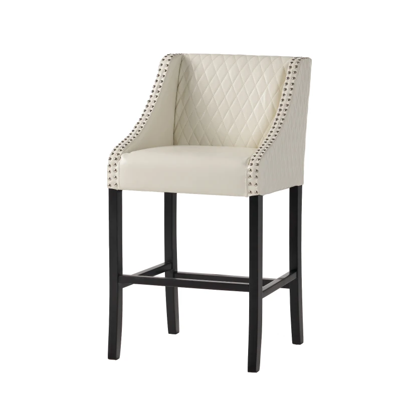 Elegant Barstool with Quilted Bonded Leather, Sturdy Wooden Legs, Curved Armrests, No Assembly Required, 21" L x 22" W x 38.5" H, Ivory