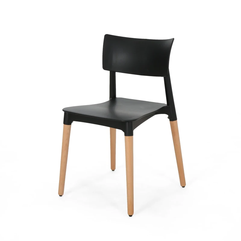 Set of 2 Durable Plastic Dining Chair with Beech Wood Legs, 19.5" L x 19" W x 31.5" H, Black