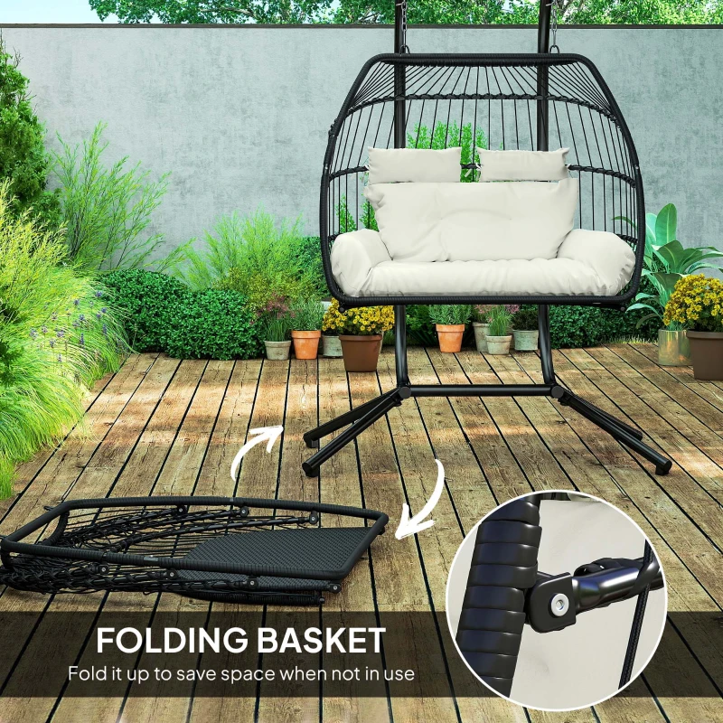 Outsunny Double Wicker Egg Swing Chair with Stand, Foldable Hanging Egg Chair with UV Resistant Cushion, Headrest, Cream White