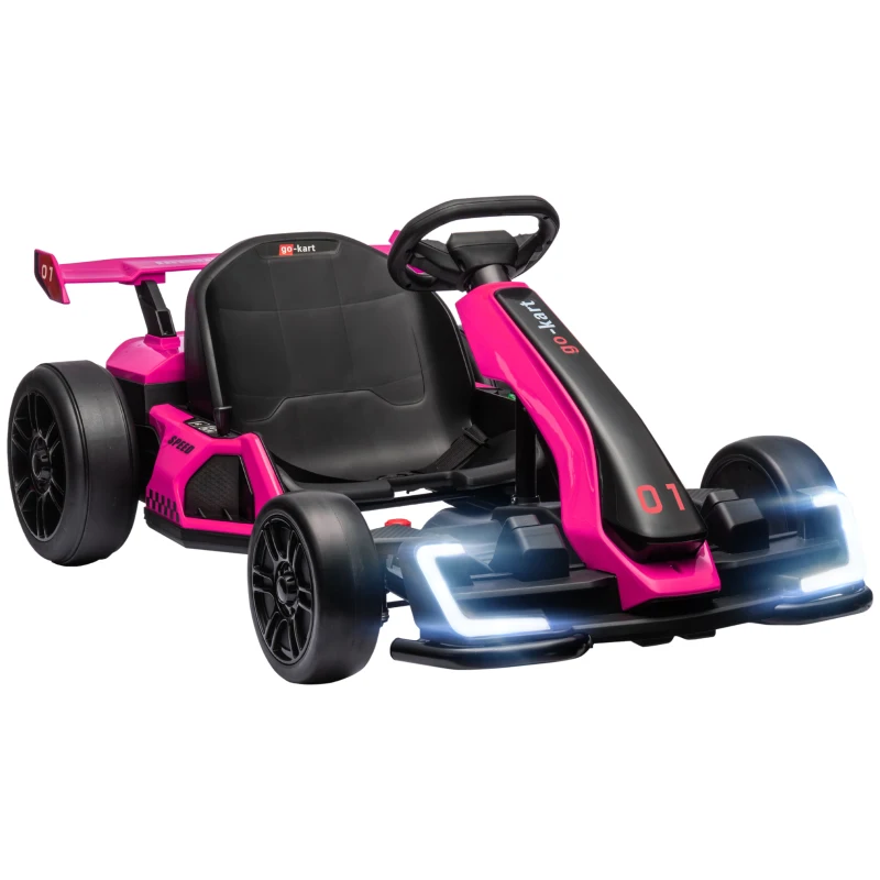 Aosom 24V Electric Go Kart, Battery Powered Kids Drift Kart with Adjustable Seat, Seat Belt, Horn, Music, Light, Pink