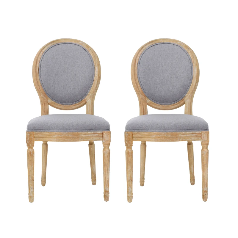 Set of 2 French Country Dining Chairs with Round Backrest and Fluted Legs, 20" L x 25.5" W x 40" H, Light Grey