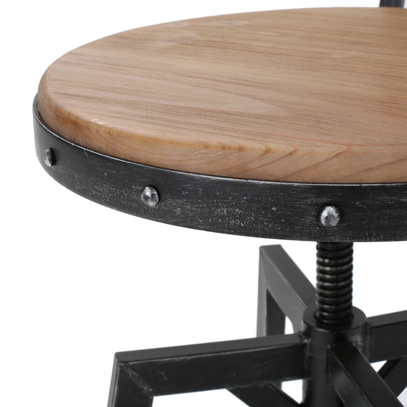 Adjustable Metal Barstool with Wooden Seat, 360° Swivel Design, 17.5" L x 20" W x 39-45" H, Antique Black