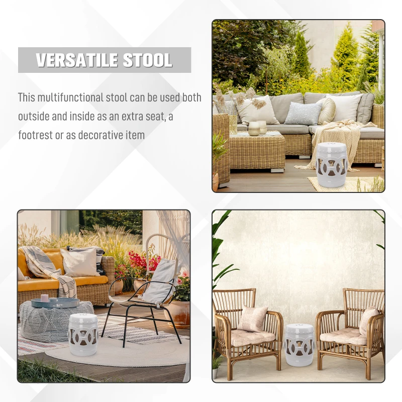 Outsunny 14" x 17" Ceramic Garden Stool with Double-Coin Knotted Ring Design & Strong Glazed Material, Decorative Outdoor Stool, Home Collection, White
