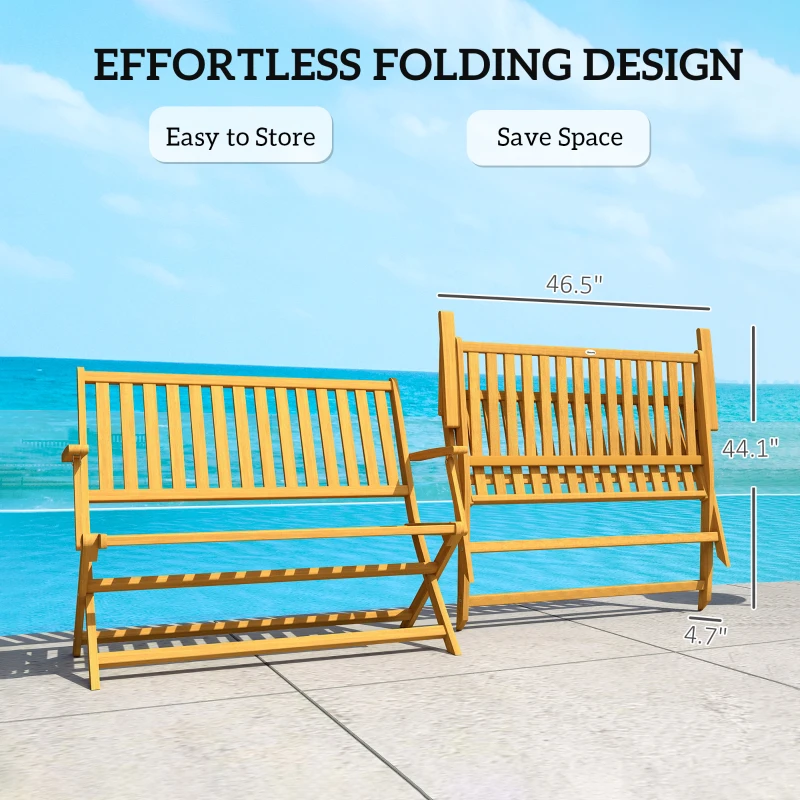 Outsunny 2-Person Foldable Wood Outdoor Bench with Backrest and Armrests for Garden, Porch, Park, Balcony, Teak