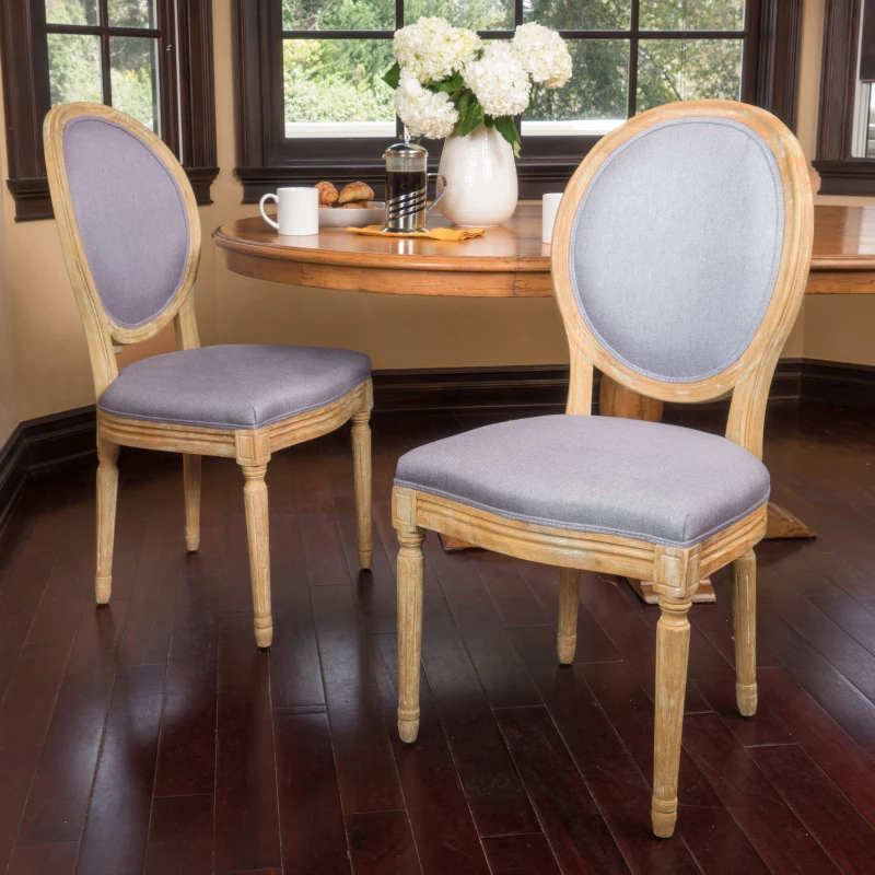 Set of 2 French Country Dining Chairs with Round Backrest and Fluted Legs, 20" L x 25.5" W x 40" H, Light Grey