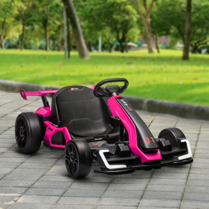 Aosom 24V Electric Go Kart, Battery Powered Kids Drift Kart with Adjustable Seat, Seat Belt, Horn, Music, Light, Pink