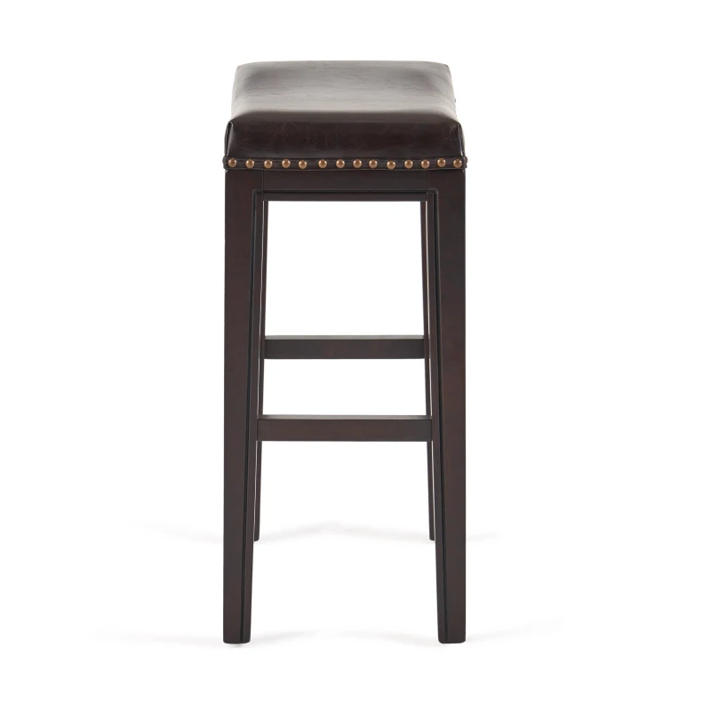 Set of 2 Contemporary Studded Counter Stools with Nailhead Accents Rubberwood Saddle Seat, 18.5" L x 12" W x 26" H, Brown