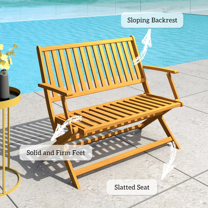 Outsunny 2-Person Foldable Wood Outdoor Bench with Backrest and Armrests for Garden, Porch, Park, Balcony, Teak