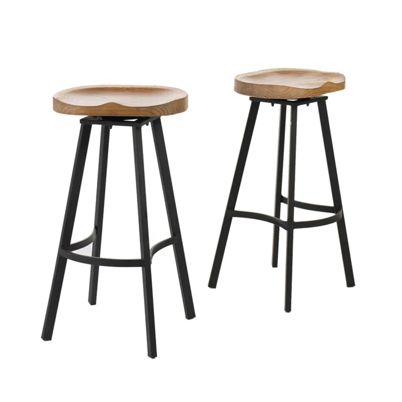 Set of 2 Industrial Barstools with Rust-Finish Iron Frame & Pinewood Seat