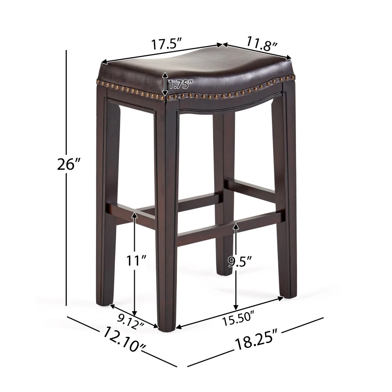 Set of 2 Contemporary Studded Counter Stools with Nailhead Accents Rubberwood Saddle Seat, 18.5" L x 12" W x 26" H, Brown
