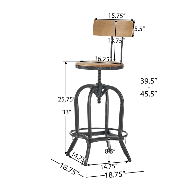 Rustic Firwood Barstool with Iron Legs, Swivel Footrest, Perfect for Retro Dens, Home Bar Areas, 18.5" L x 18.5" W x 45.5" H, Natural