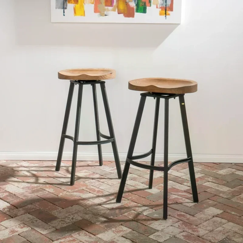 Set of 2 Industrial Barstools with Rust-Finish Iron Frame & Pinewood Seat