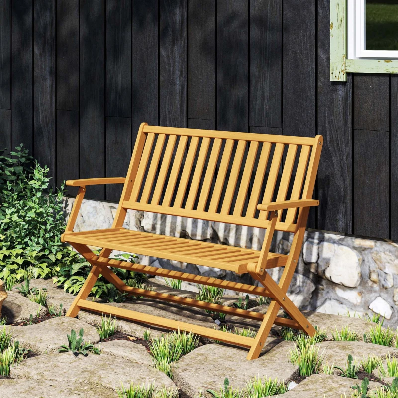 Outsunny 2-Person Foldable Wood Outdoor Bench with Backrest and Armrests for Garden, Porch, Park, Balcony, Teak