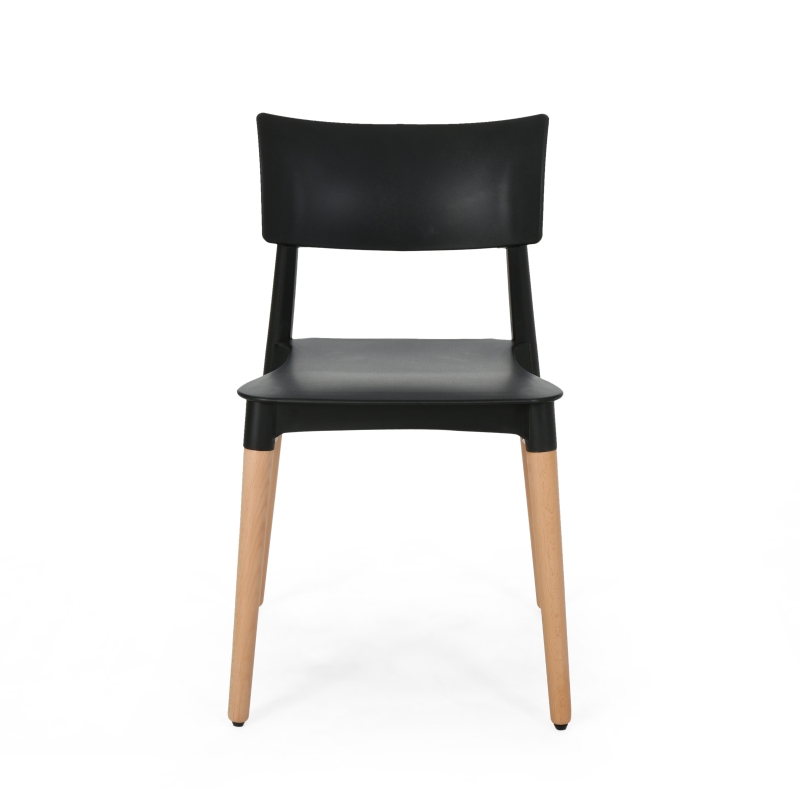 Set of 2 Durable Plastic Dining Chair with Beech Wood Legs, 19.5" L x 19" W x 31.5" H, Black