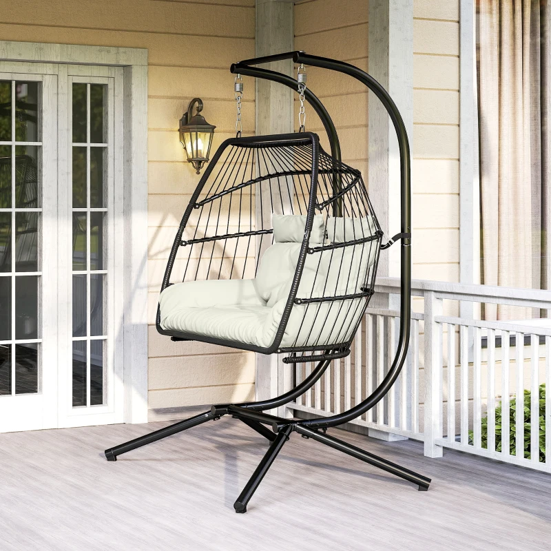 Outsunny Double Wicker Egg Swing Chair with Stand, Foldable Hanging Egg Chair with UV Resistant Cushion, Headrest, Cream White