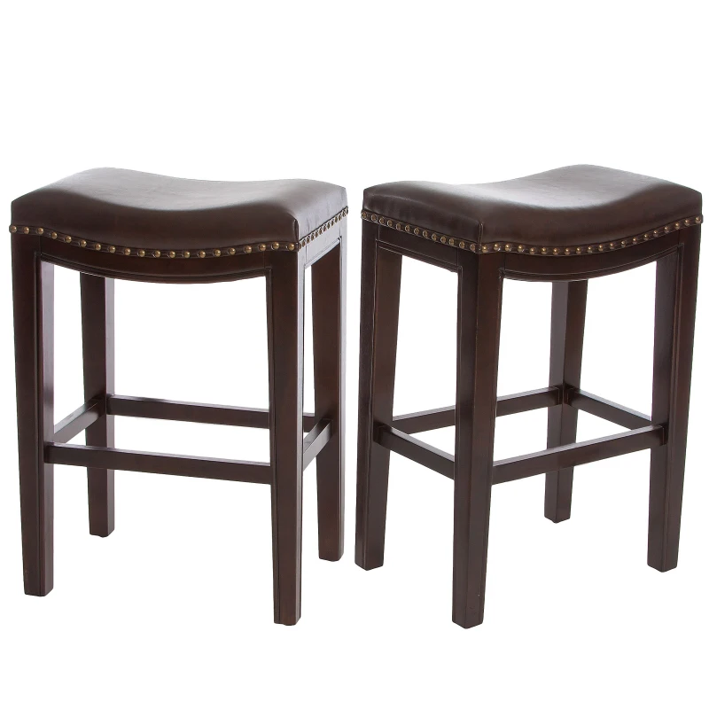 Set of 2 Contemporary Studded Counter Stools with Nailhead Accents Rubberwood Saddle Seat, 18.5" L x 12" W x 26" H, Brown