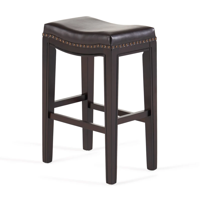Set of 2 Contemporary Studded Counter Stools with Nailhead Accents Rubberwood Saddle Seat, 18.5" L x 12" W x 26" H, Brown