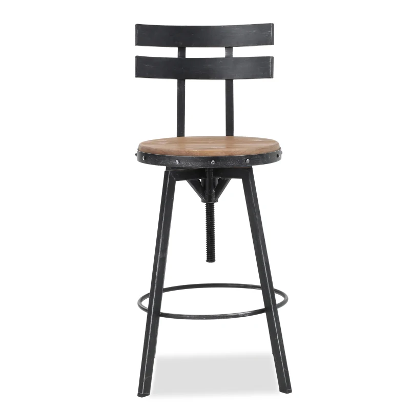Adjustable Metal Barstool with Wooden Seat, 360° Swivel Design, 17.5" L x 20" W x 39-45" H, Antique Black