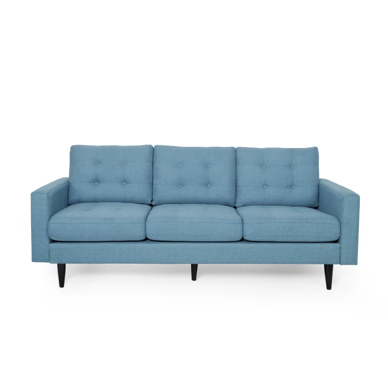 3-Seater Sofa with Button Tufted Waffle Stitch and Rubberwood Legs, 83" L x 33.5" W x 35.5" H, Blue