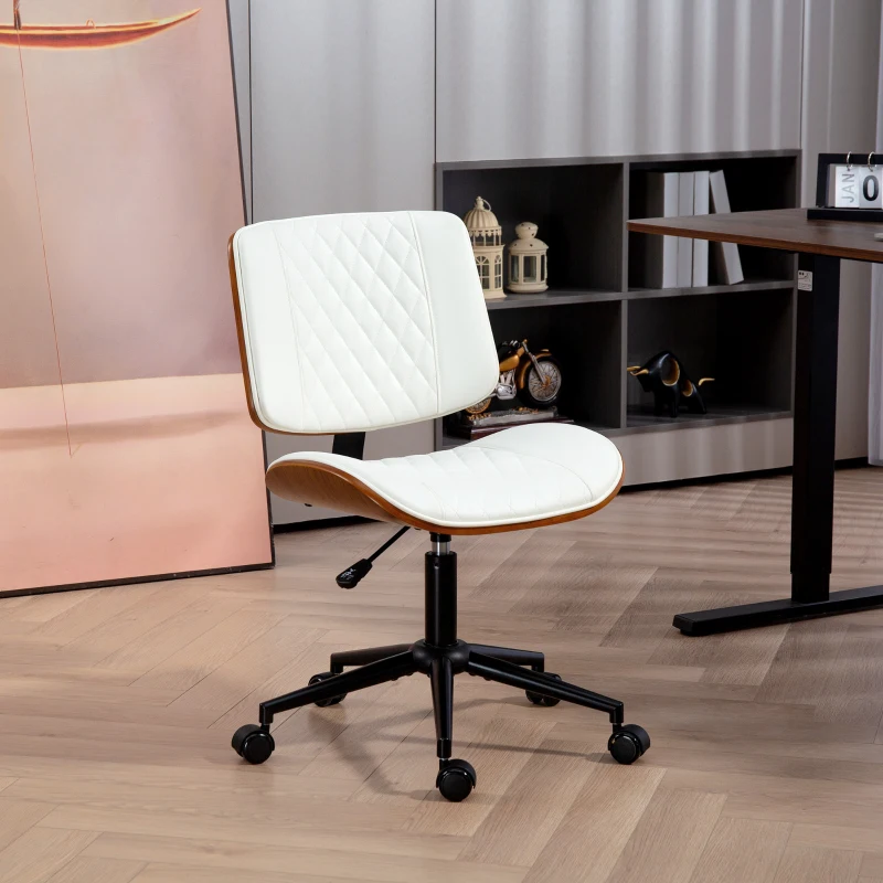 HOMCOM Home Office Chair No Arms with Wheels, PU Leather Desk Chair with Adjustable Height, 360 Swivel for Reading, White