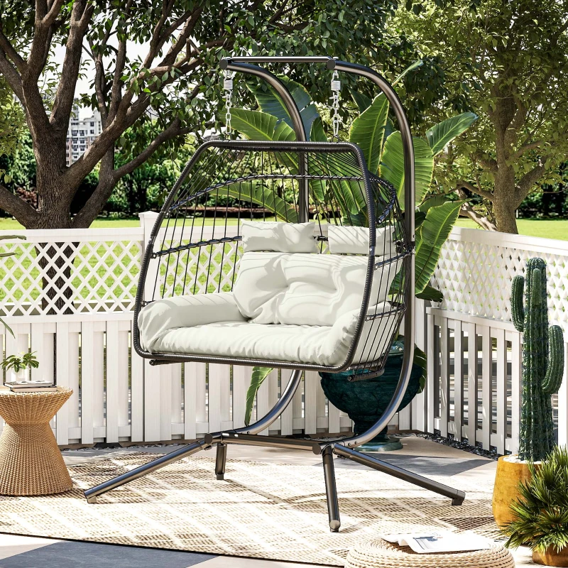 Outsunny Double Wicker Egg Swing Chair with Stand, Foldable Hanging Egg Chair with UV Resistant Cushion, Headrest, Cream White