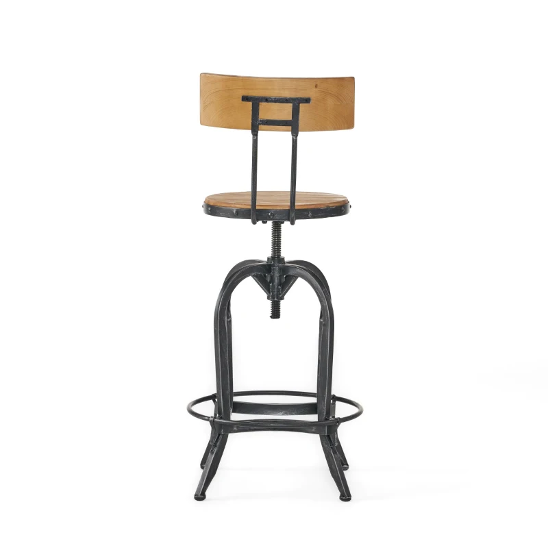 Rustic Firwood Barstool with Iron Legs, Swivel Footrest, Perfect for Retro Dens, Home Bar Areas, 18.5" L x 18.5" W x 45.5" H, Natural