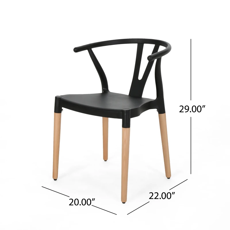 Set of 2 Modern Plastic Dining Chair with Beech Wood Legs, 20" L x 22" W x 29" H, Black