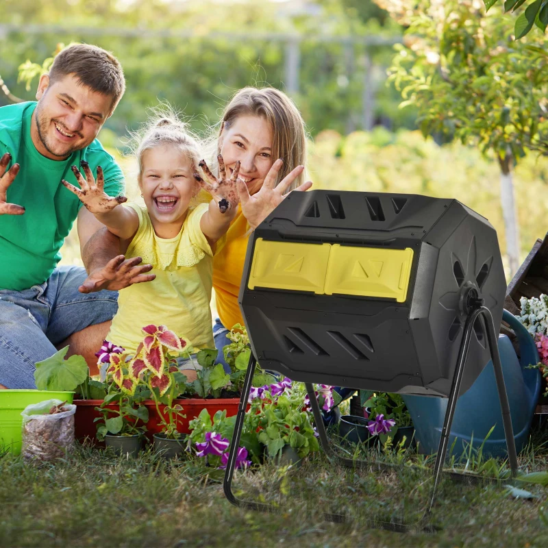 Outsunny Tumbling Compost Bin Outdoor 360° Dual Chamber Rotating Composter 43 Gallon, Yellow