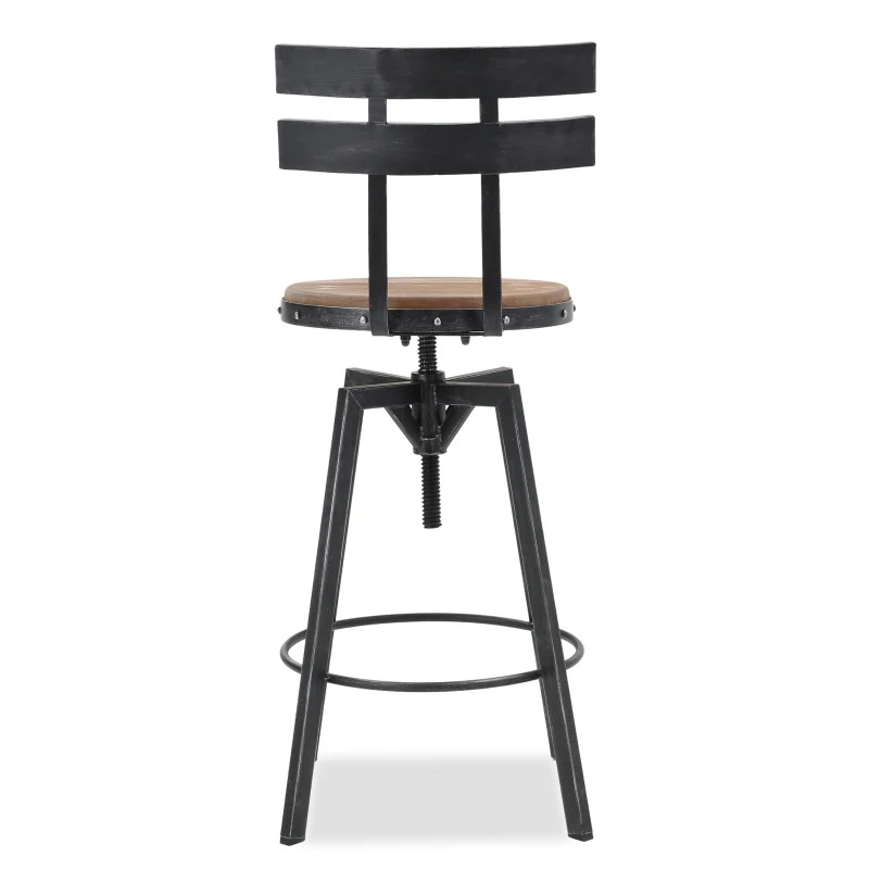 Adjustable Metal Barstool with Wooden Seat, 360° Swivel Design, 17.5" L x 20" W x 39-45" H, Antique Black
