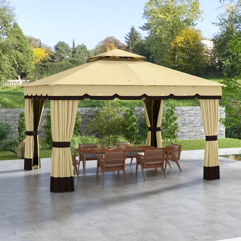 Outsunny 10' x 12' Double Roof Patio Gazebo Canopy, Outdoor Gazebo Shelter with Netting & Curtains, for Garden, Lawn and Deck