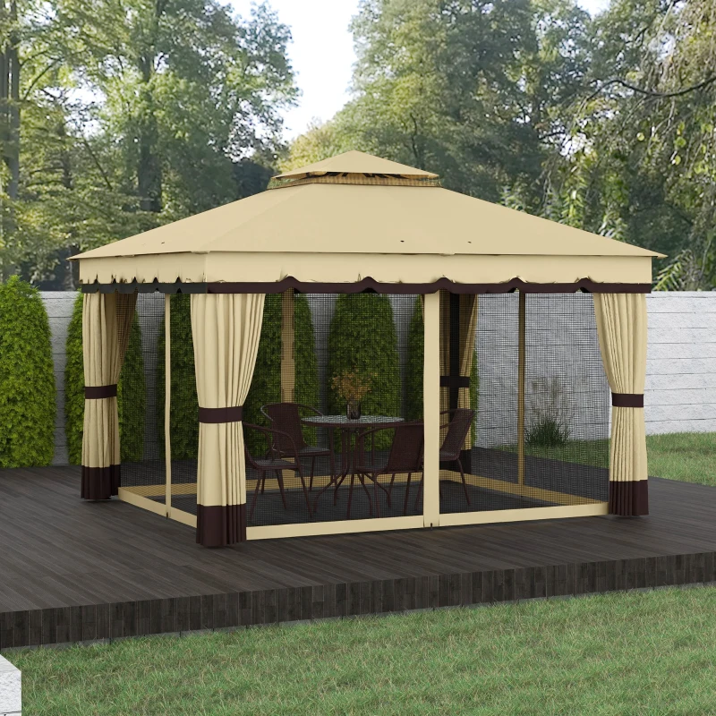 Outsunny 10' x 12' Double Roof Patio Gazebo Canopy, Outdoor Gazebo Shelter with Netting & Curtains, for Garden, Lawn and Deck