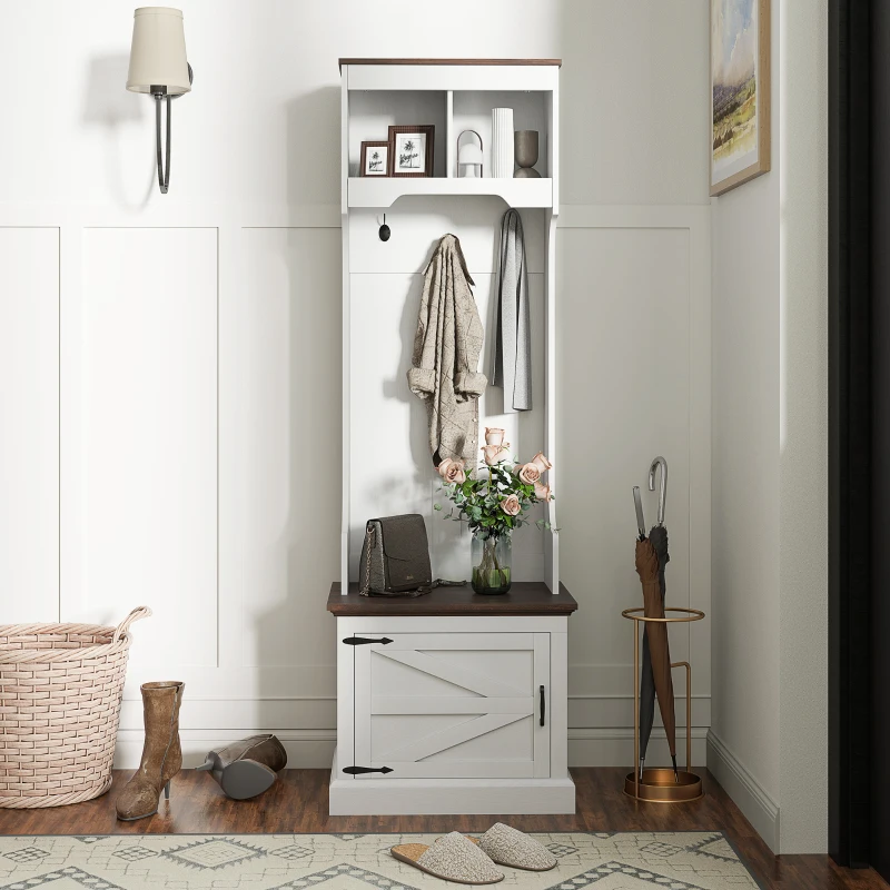 HOMCOM 3-in-1 Hall Tree with Shoe Storage, Coat Rack with Bench, Entryway Furniture with Five Hooks, White Wood Grain