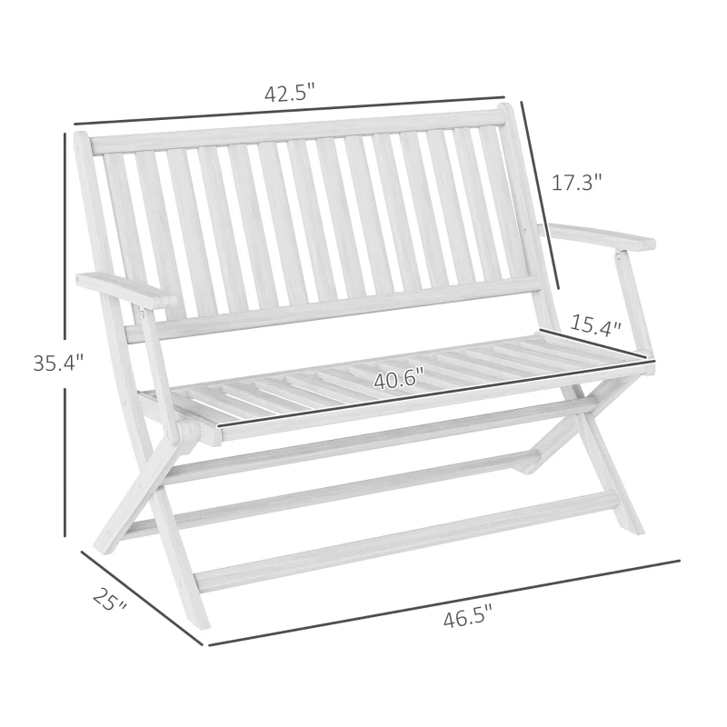 Outsunny 2-Person Foldable Wood Outdoor Bench with Backrest and Armrests for Garden, Porch, Park, Balcony, White