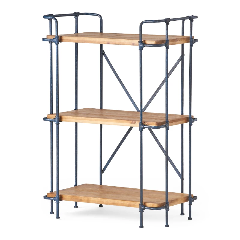 3-Shelf Industrial Bookcase with Firwood Shelves, Iron Frame, Resilient Structure, Ideal for Small Spaces, 27.5" L x 17.5" W x 40.5" H, Natural