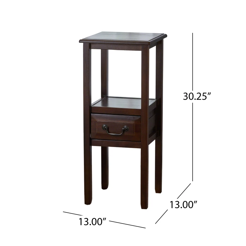 Insect-Proof Acacia Wood Accent Table with Smooth Walnut Finish, Reinforced Legs, for Living Room, Balcony, 13" L x 13" W x 30" H, Brown